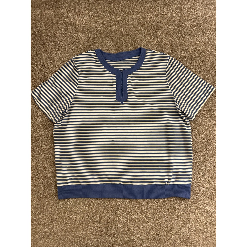80s Vintage Striped Quarter Zip Top Womens M Blue White Short Sleeve Ribbed Hem